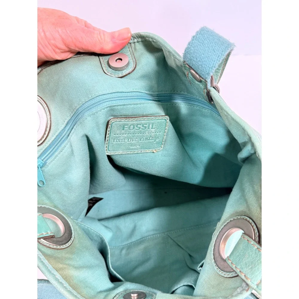 Fossil Teal Hathaway Leather Shoulder Bag Tote Key Charm ZB9385
